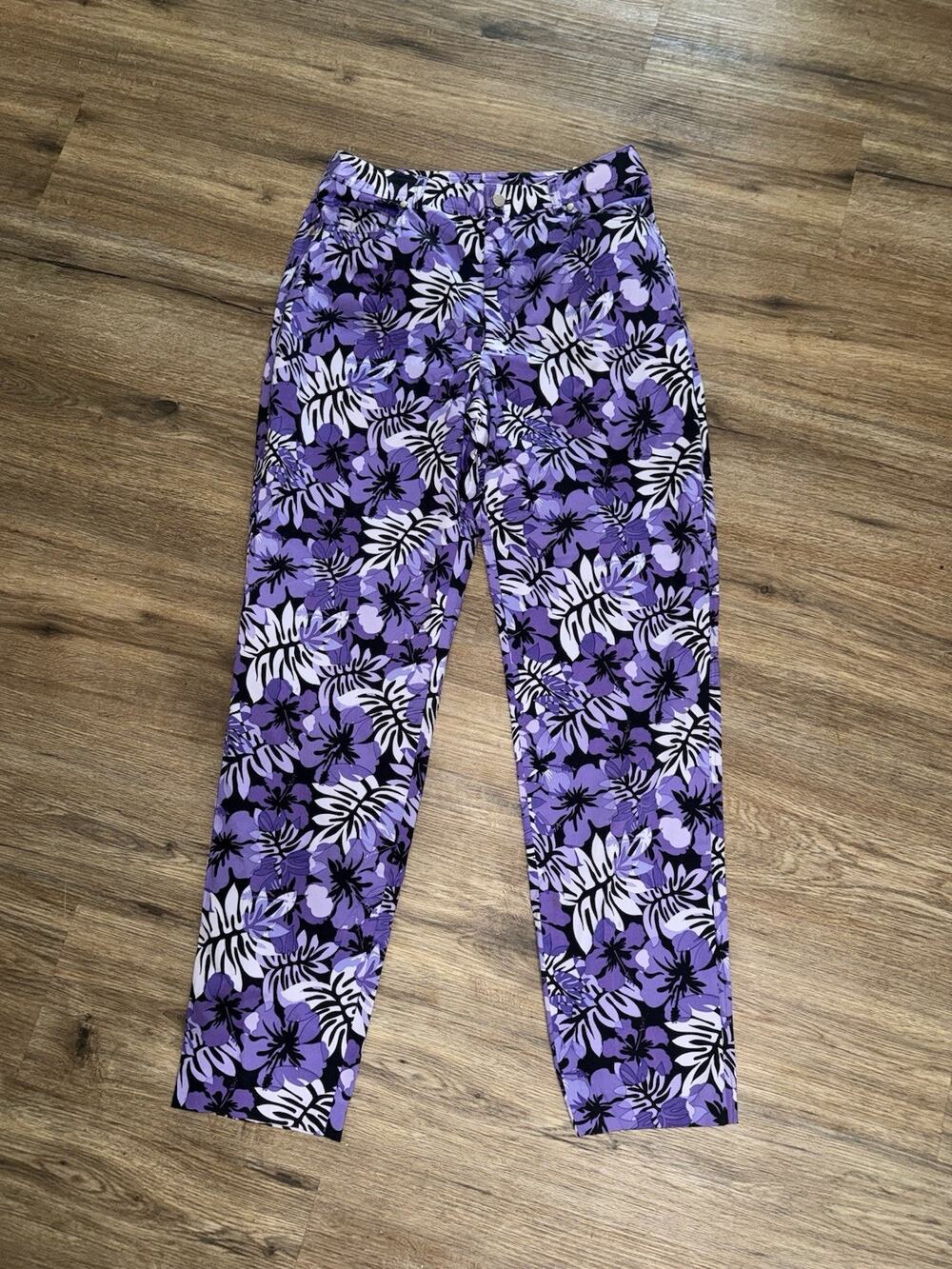 NWT Dana Buchman 10 Purple Floral Tropical Print Pants Cotton Stretch Straight